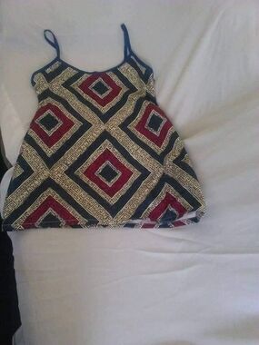 Geometric Print Spaghetti Strap Tank Top - Navy, Cream & Burgundy